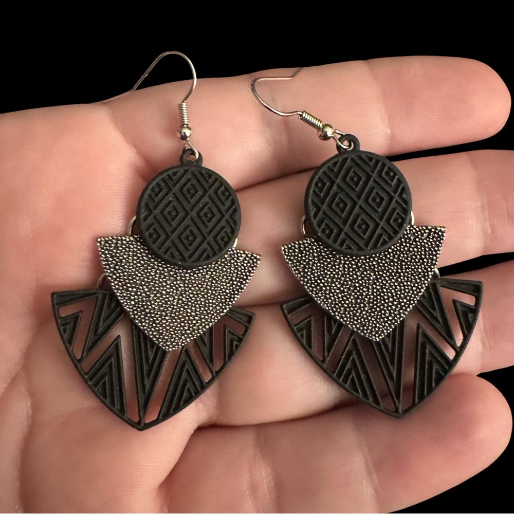 Chic Black and Silver Geometric Chandelier Dangle Earrings - Picture 2 of 4